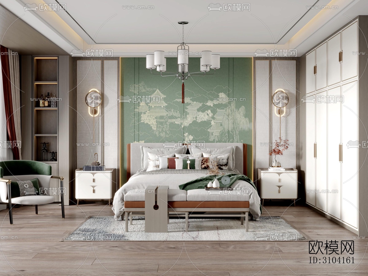 新中式卧室效果图下载（渲染图1）