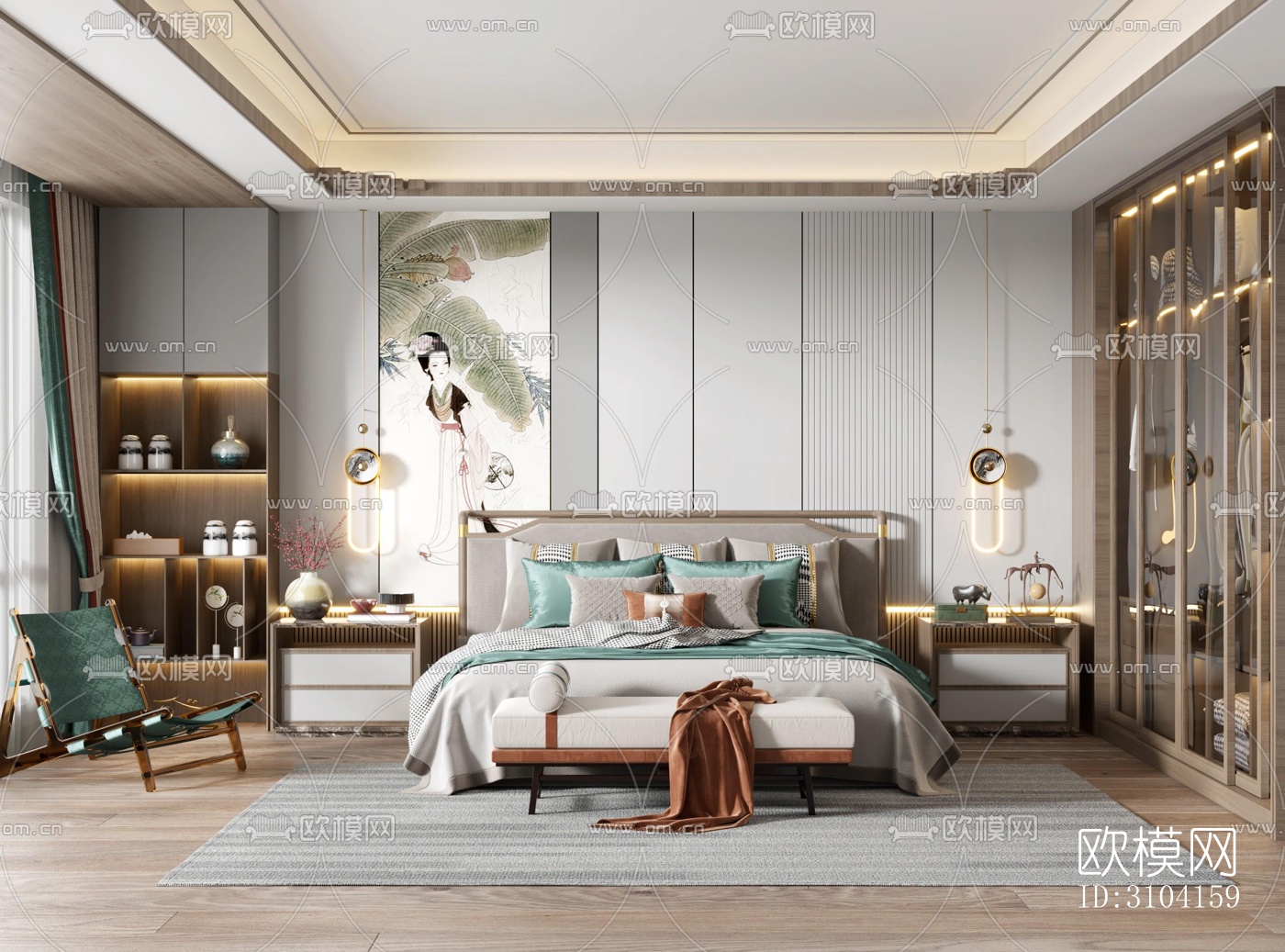 新中式卧室效果图下载（渲染图4）