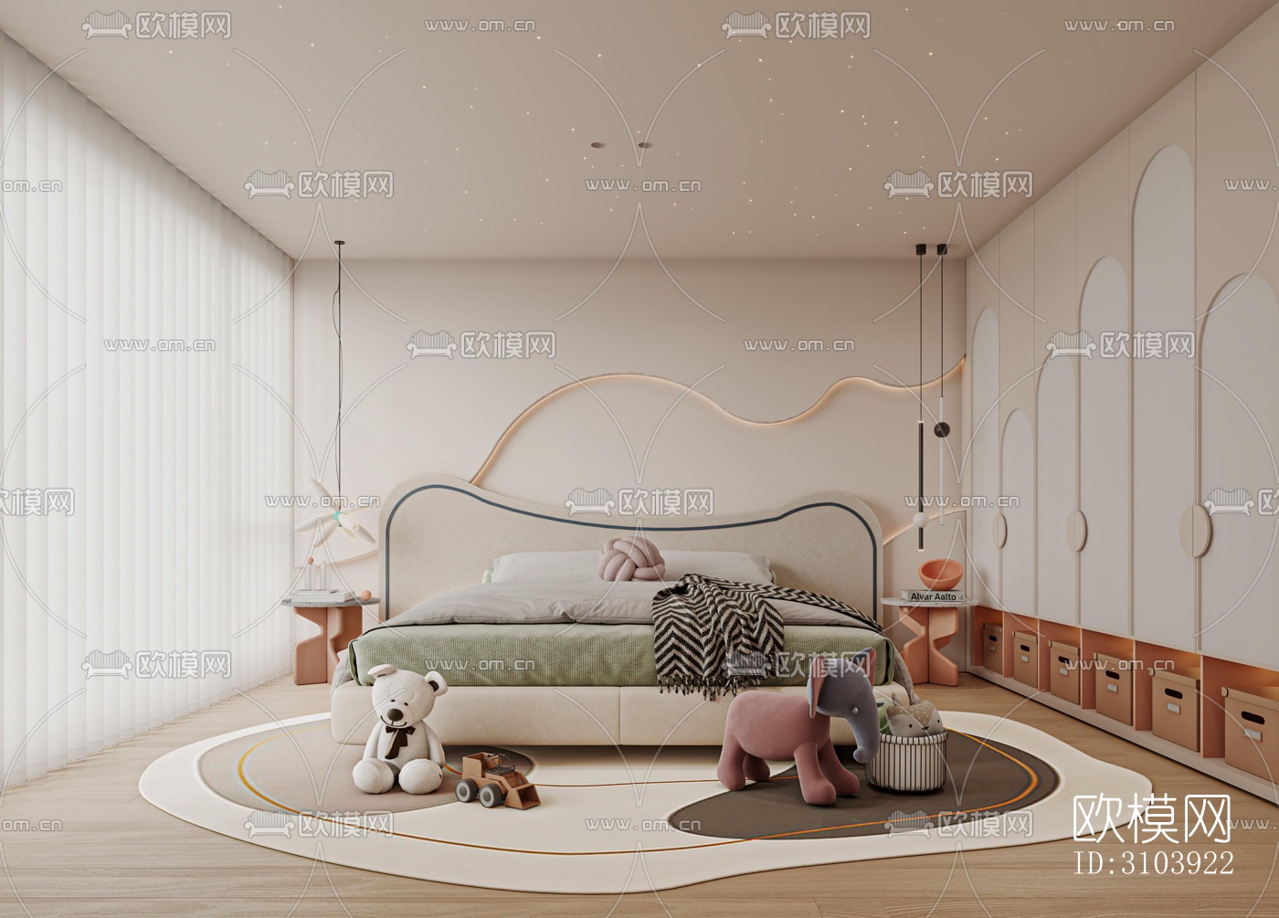 奶油风儿童房效果图下载（渲染图1）