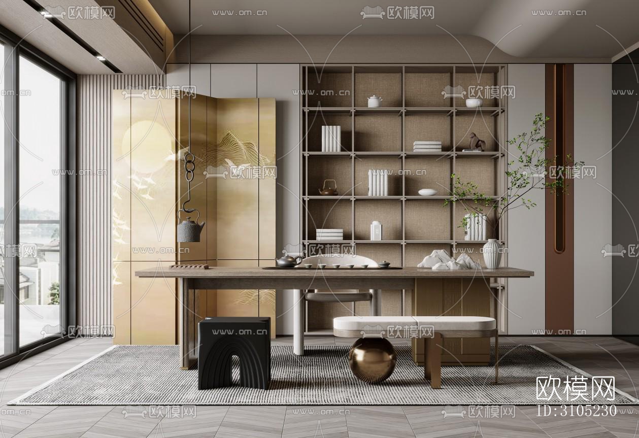 新中式茶室效果图下载（渲染图1）