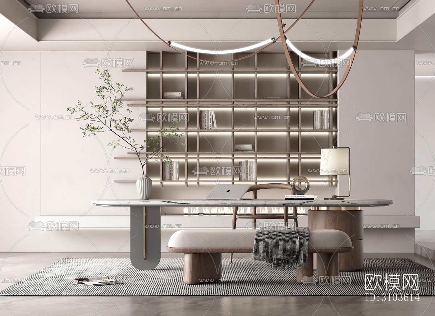 奶油风书房效果图下载（渲染图4）