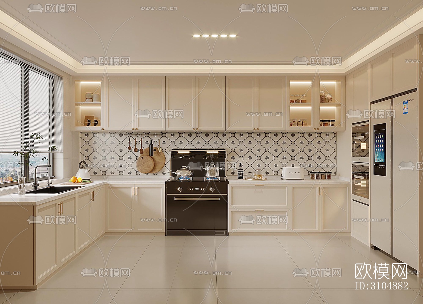 奶油风厨房效果图下载（渲染图4）
