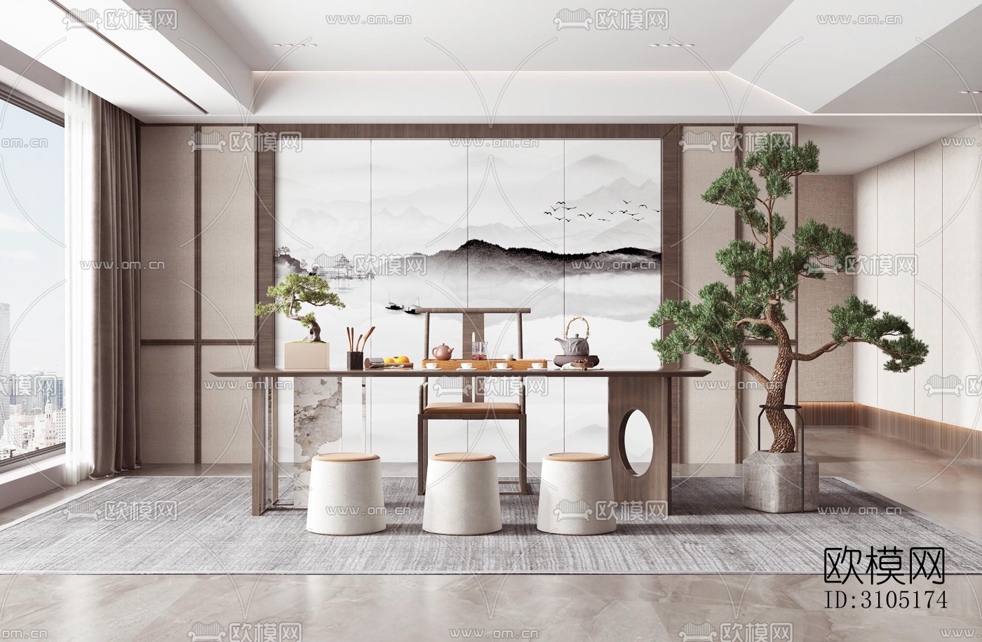 新中式茶室效果图下载（渲染图3）