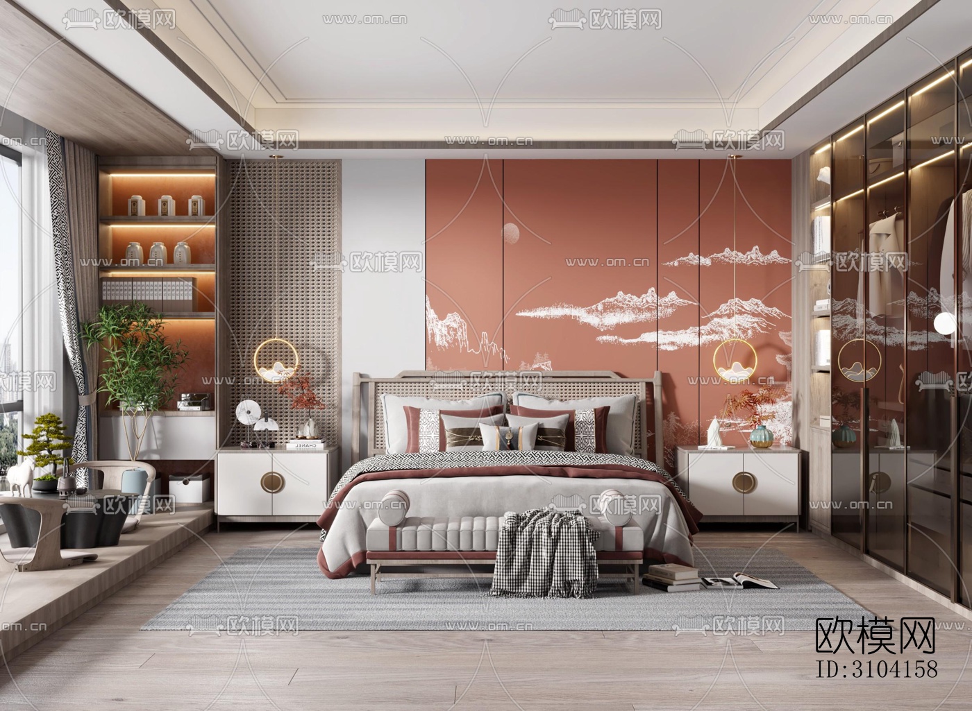 新中式卧室效果图下载（渲染图5）