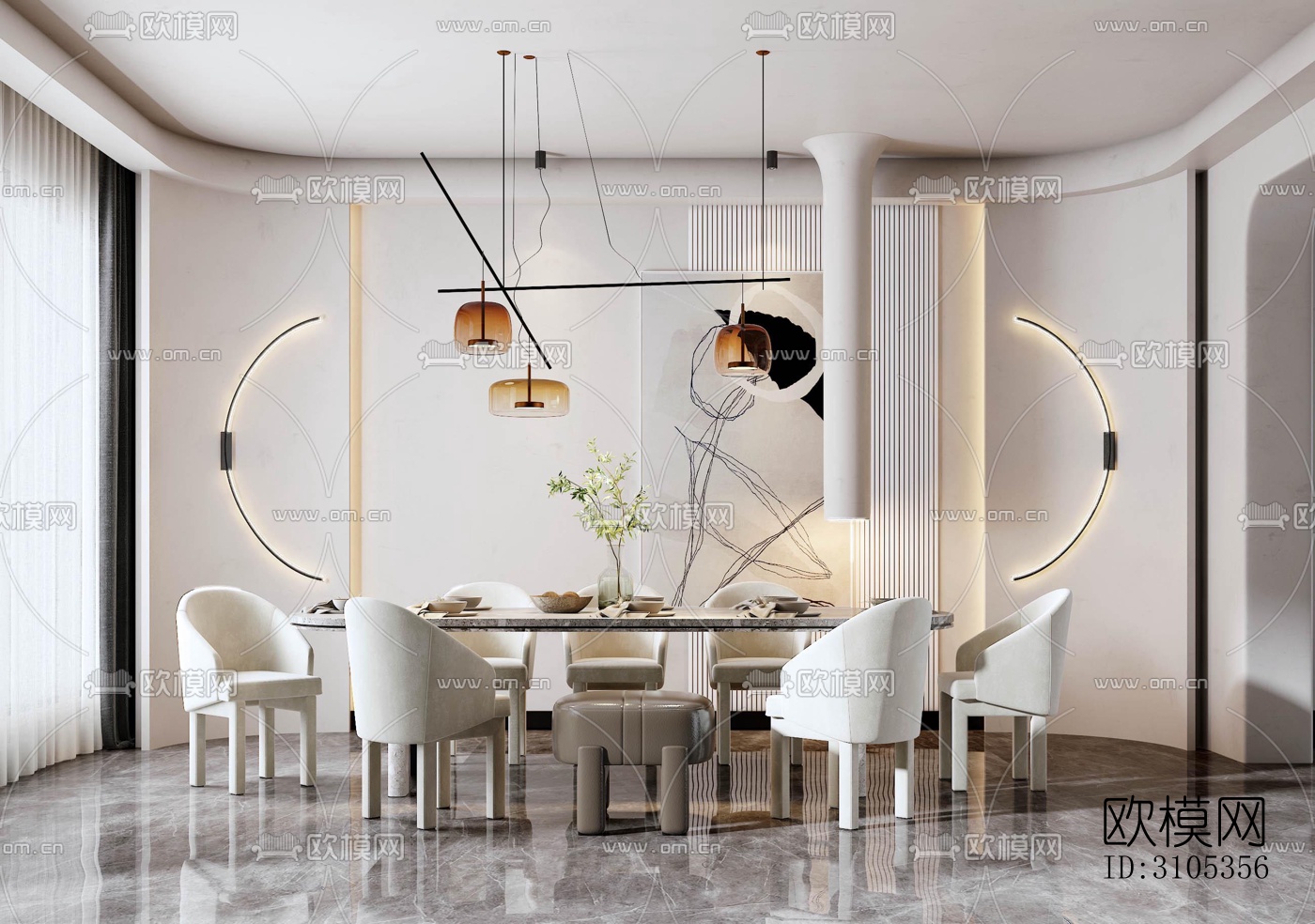 奶油风餐厅效果图下载（渲染图6）