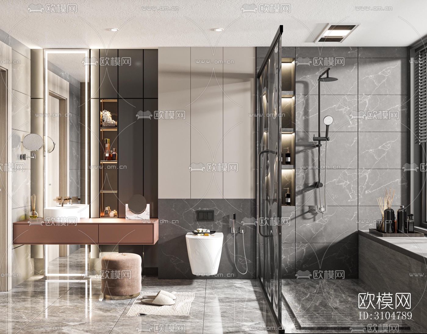高级灰卫生间效果图下载（渲染图1）