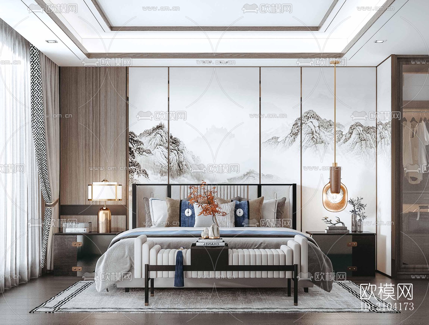 新中式卧室效果图下载（渲染图2）