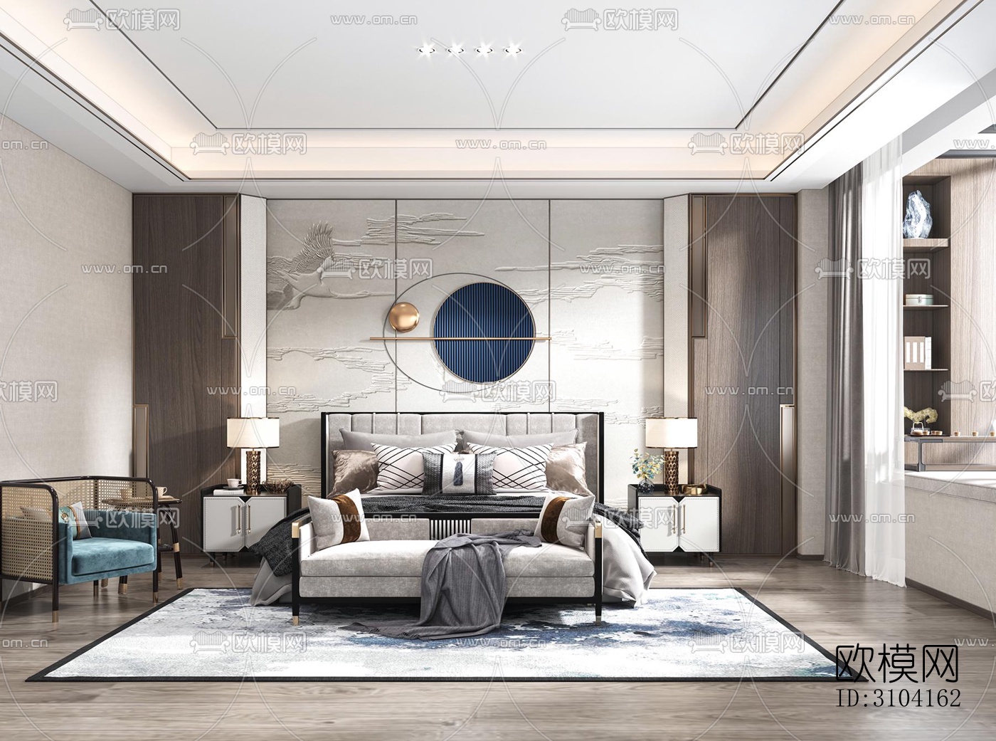 新中式卧室效果图下载（渲染图2）