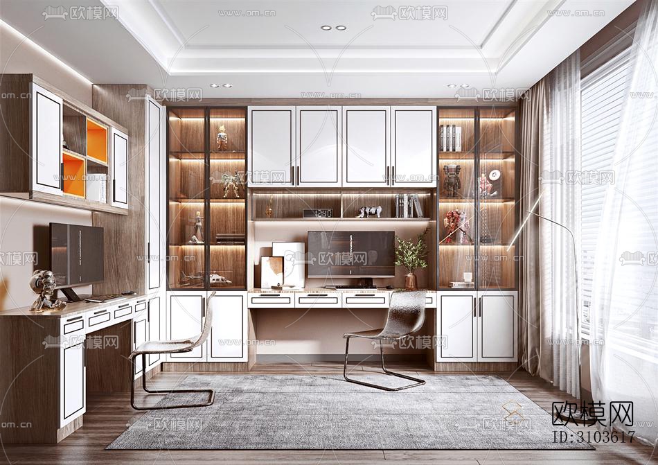 新中式书房效果图下载（渲染图4）
