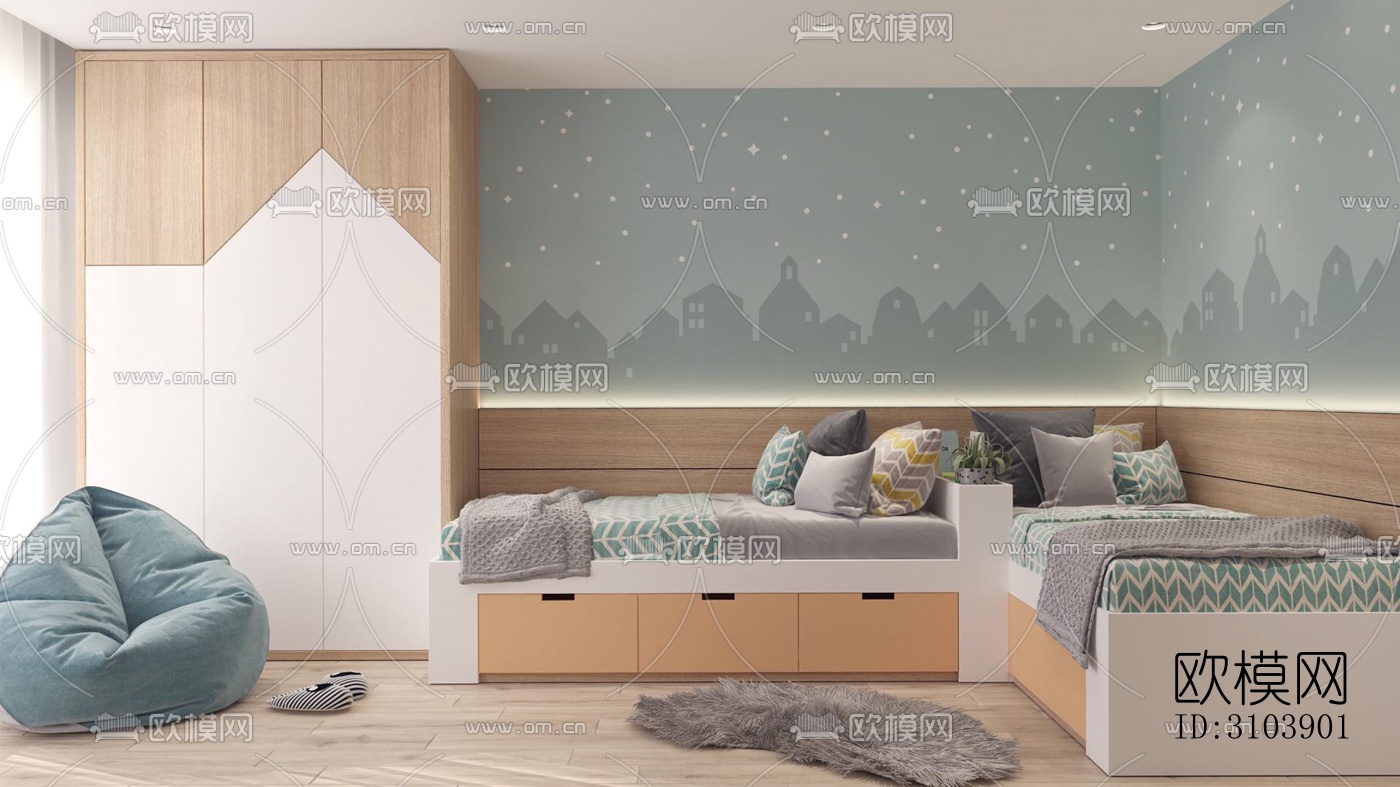 北欧儿童房效果图下载（渲染图1）