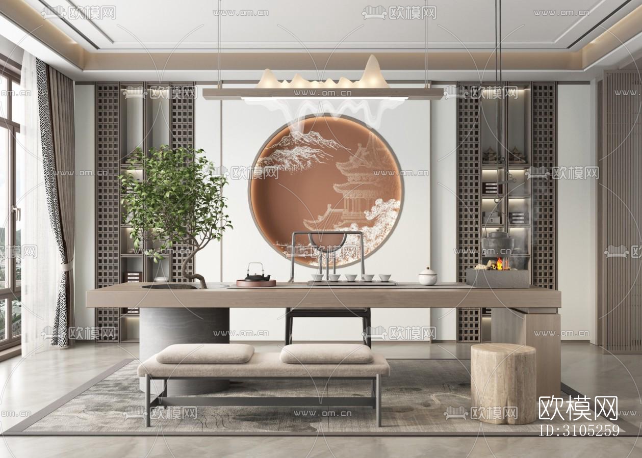 新中式茶室效果图下载（渲染图2）