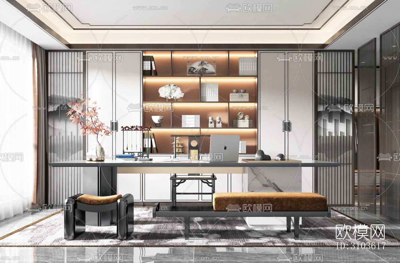 新中式书房效果图下载（渲染图1）