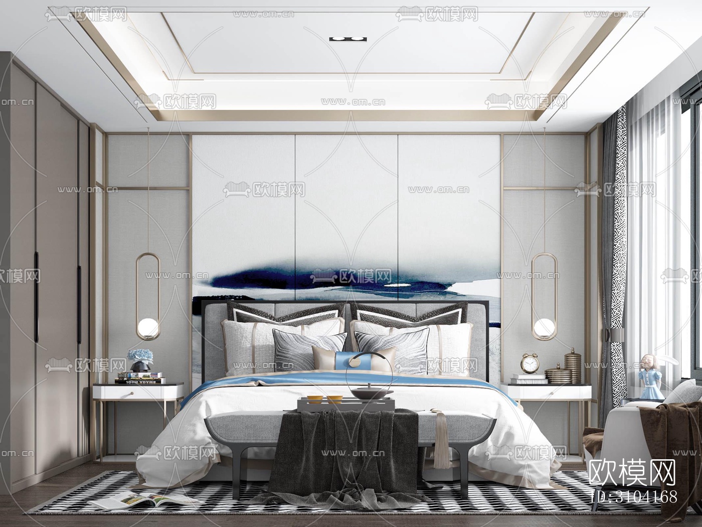 新中式卧室效果图下载（渲染图2）