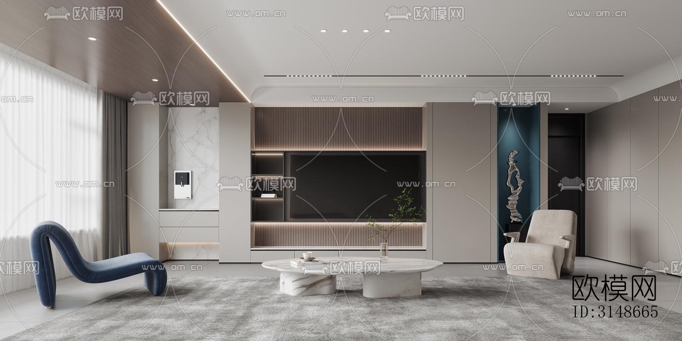 现代大平层效果图下载（渲染图1）