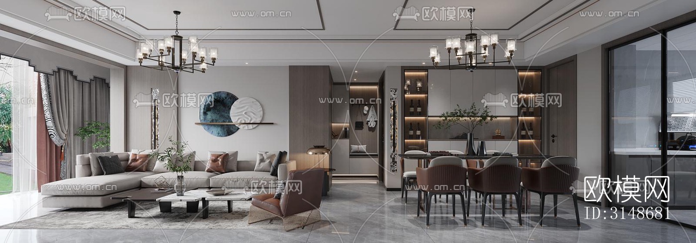 新中式客餐厅效果图下载（渲染图2）