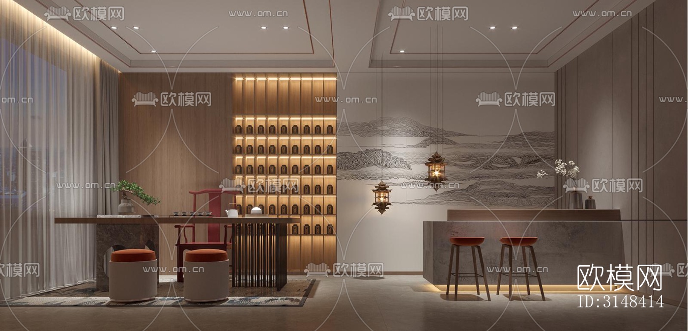 新中式养生会所效果图下载（渲染图1）