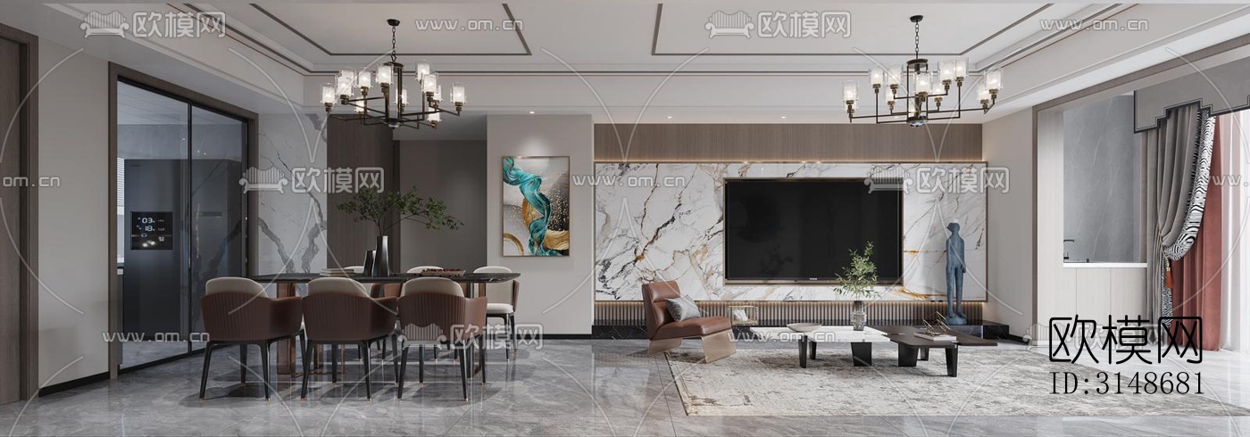 新中式客餐厅效果图下载（渲染图1）