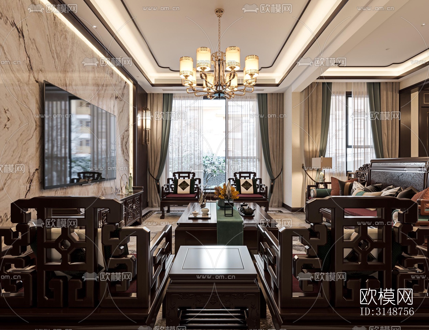 中式平层效果图下载（渲染图5）