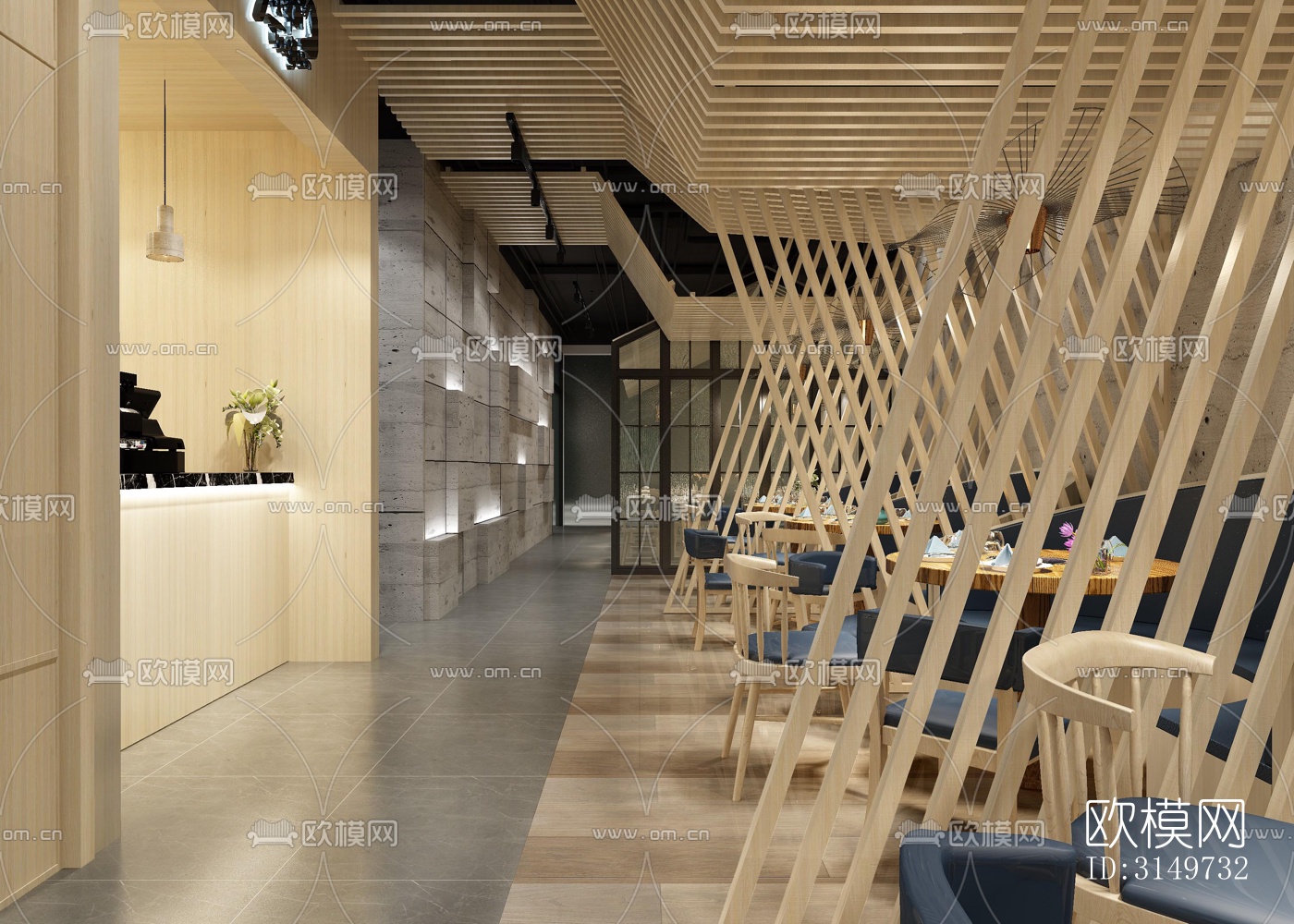 原木风中餐厅效果图下载（渲染图1）