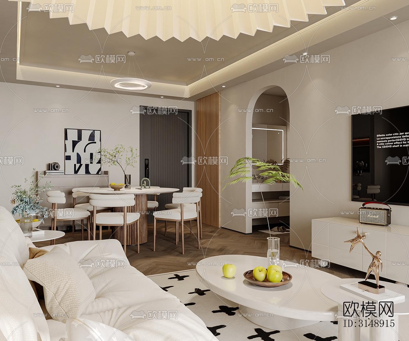 奶油风平层效果图下载（渲染图2）