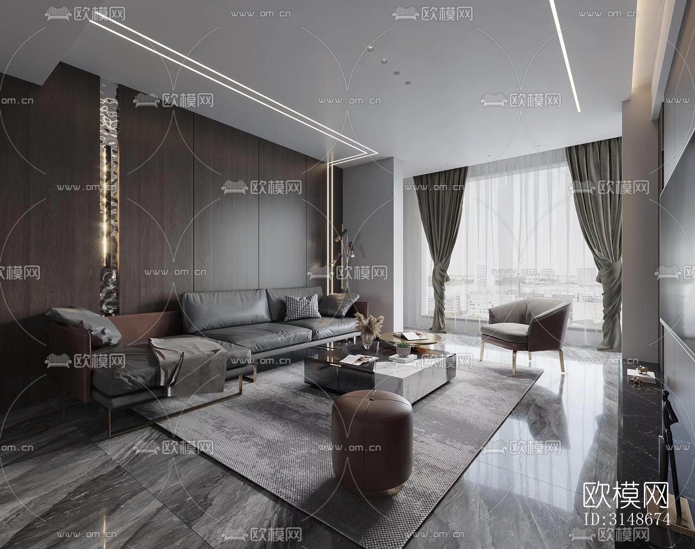 高级灰客厅效果图下载（渲染图2）