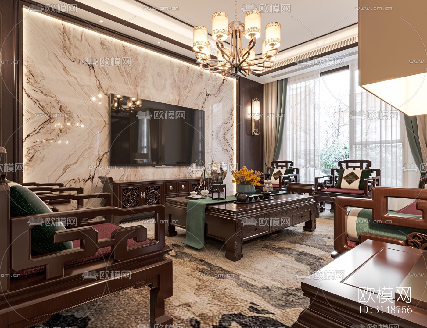 中式平层效果图下载（渲染图6）