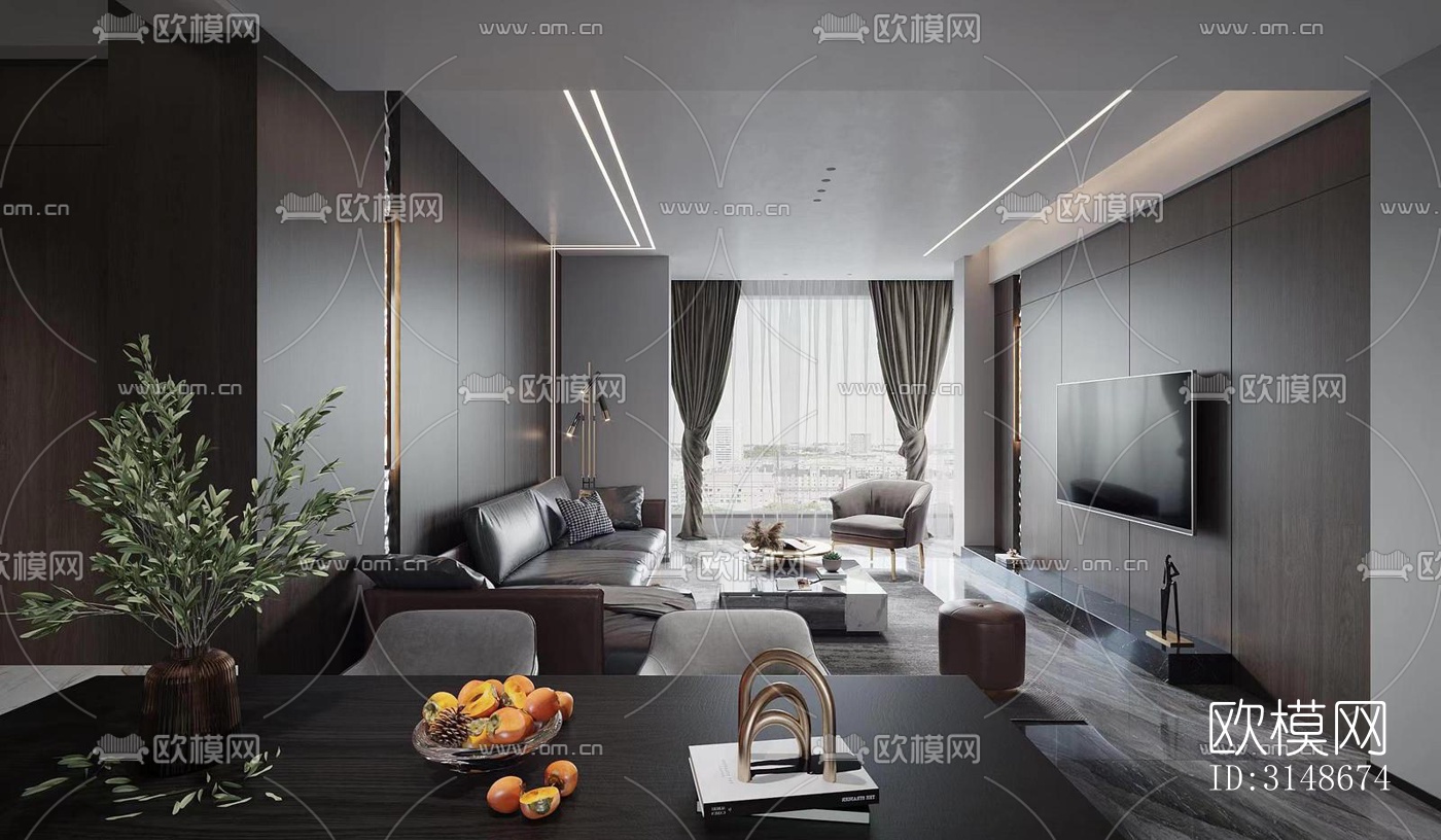 高级灰客厅效果图下载（渲染图1）