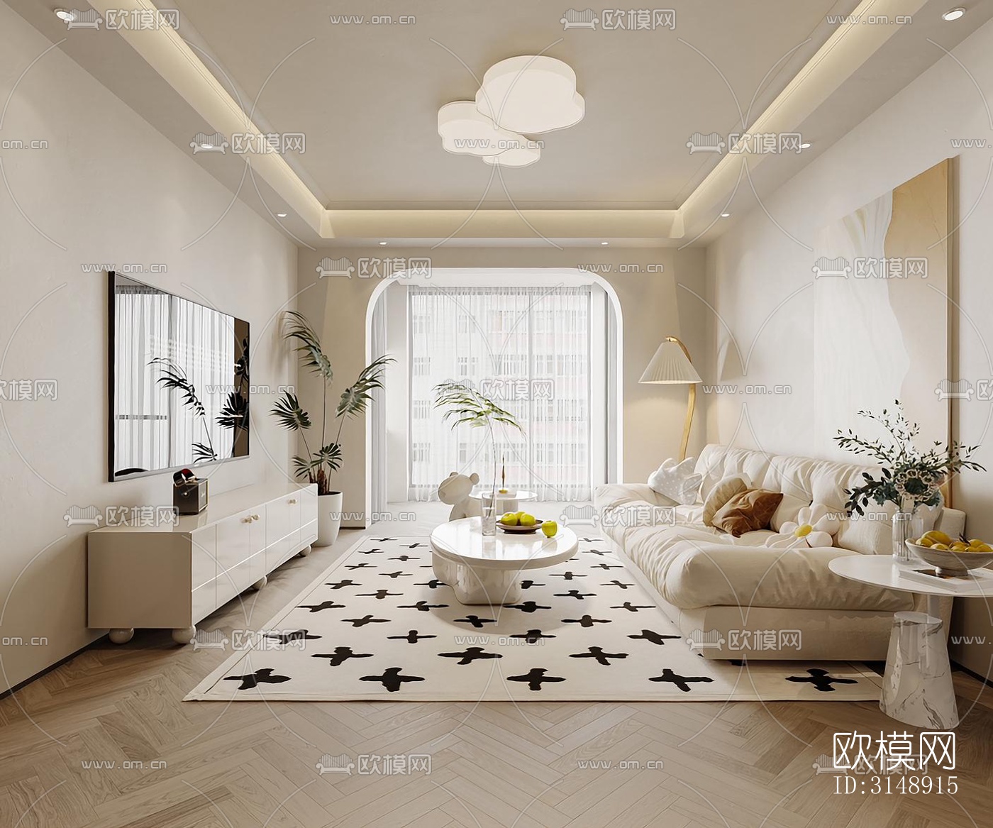 奶油风平层效果图下载（渲染图1）