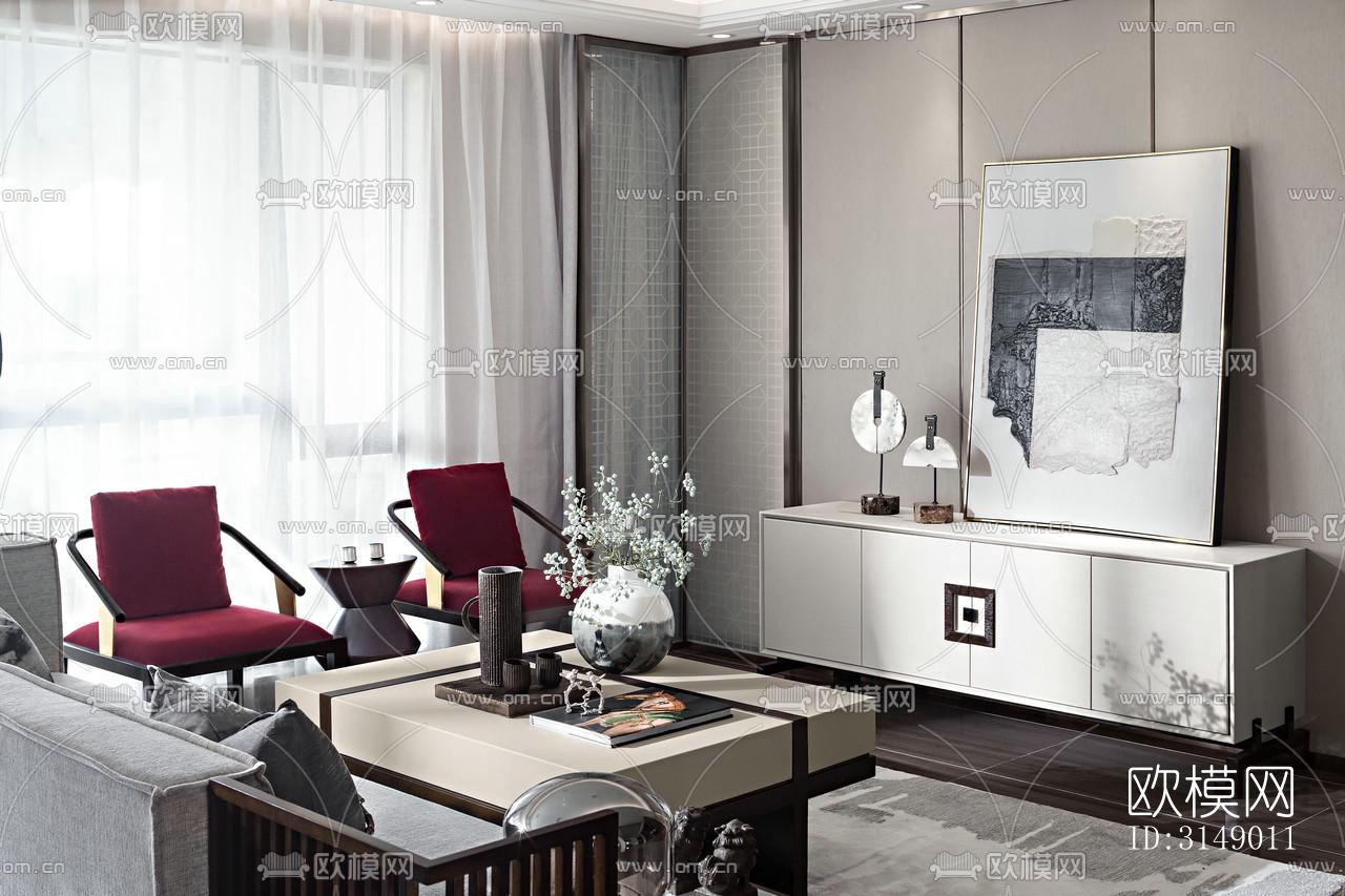 新中式平层效果图下载（渲染图1）