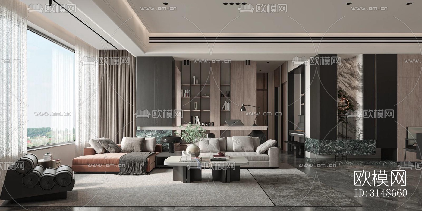 现代大平层效果图下载（渲染图1）