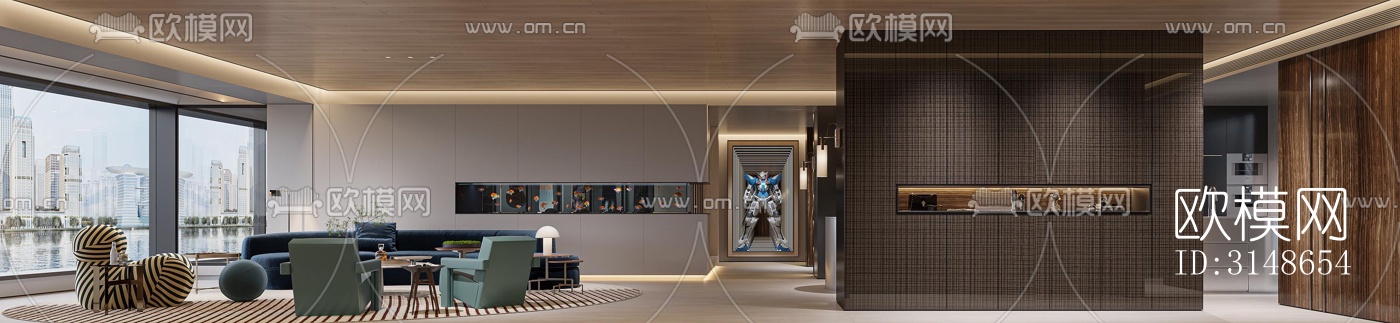 现代大平层效果图下载（渲染图1）