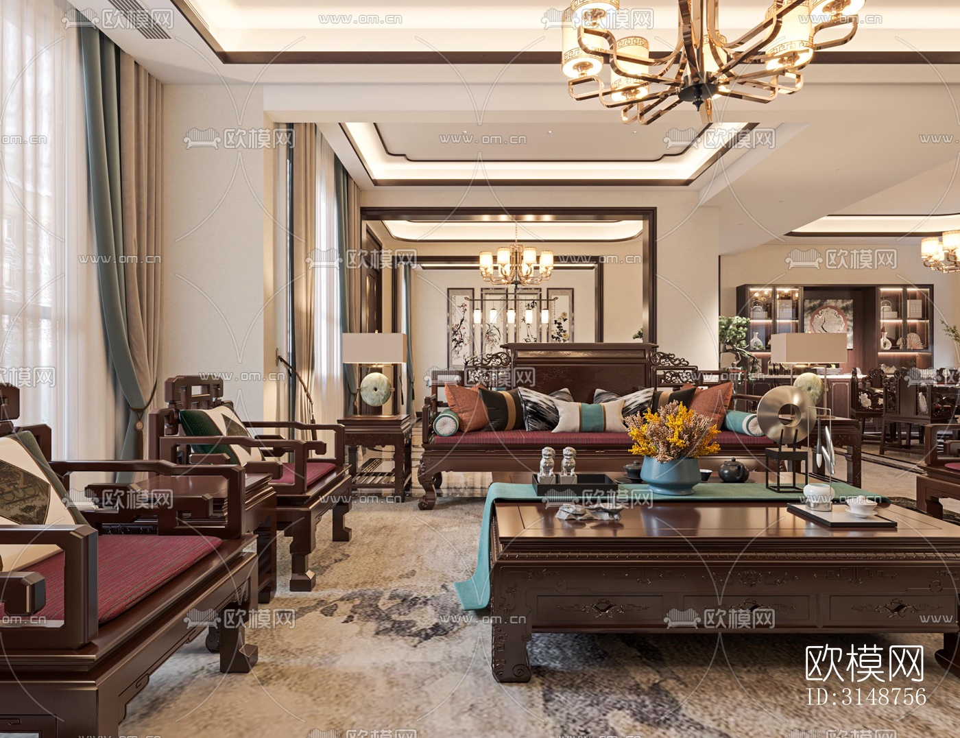 中式平层效果图下载（渲染图7）