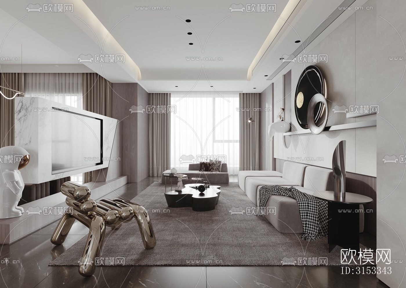高级灰客厅效果图下载（渲染图2）