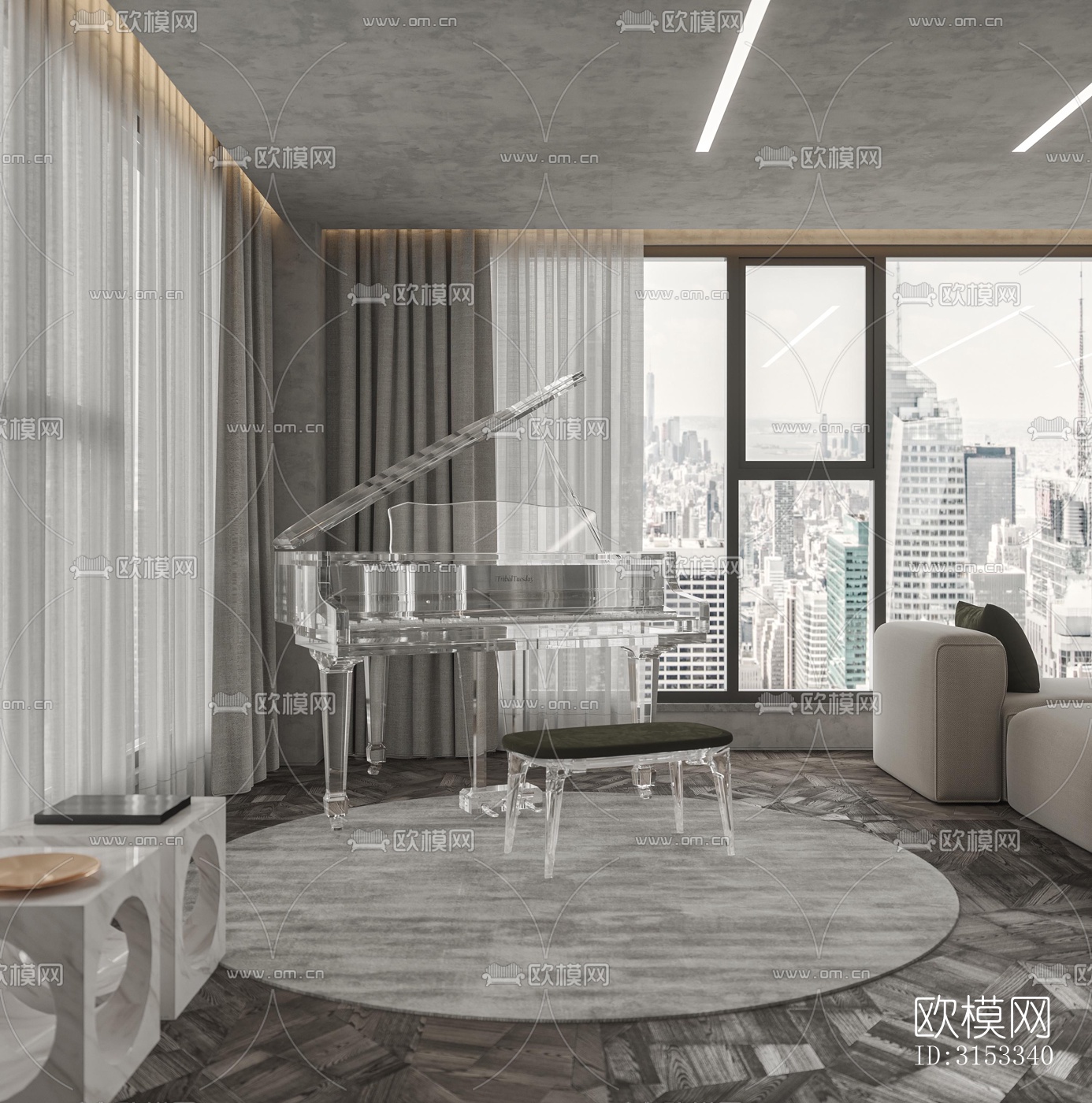 高级灰客厅效果图下载（渲染图1）