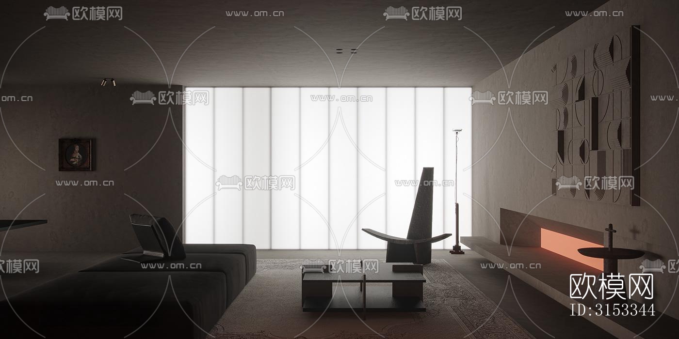 高级灰客厅效果图下载（渲染图3）