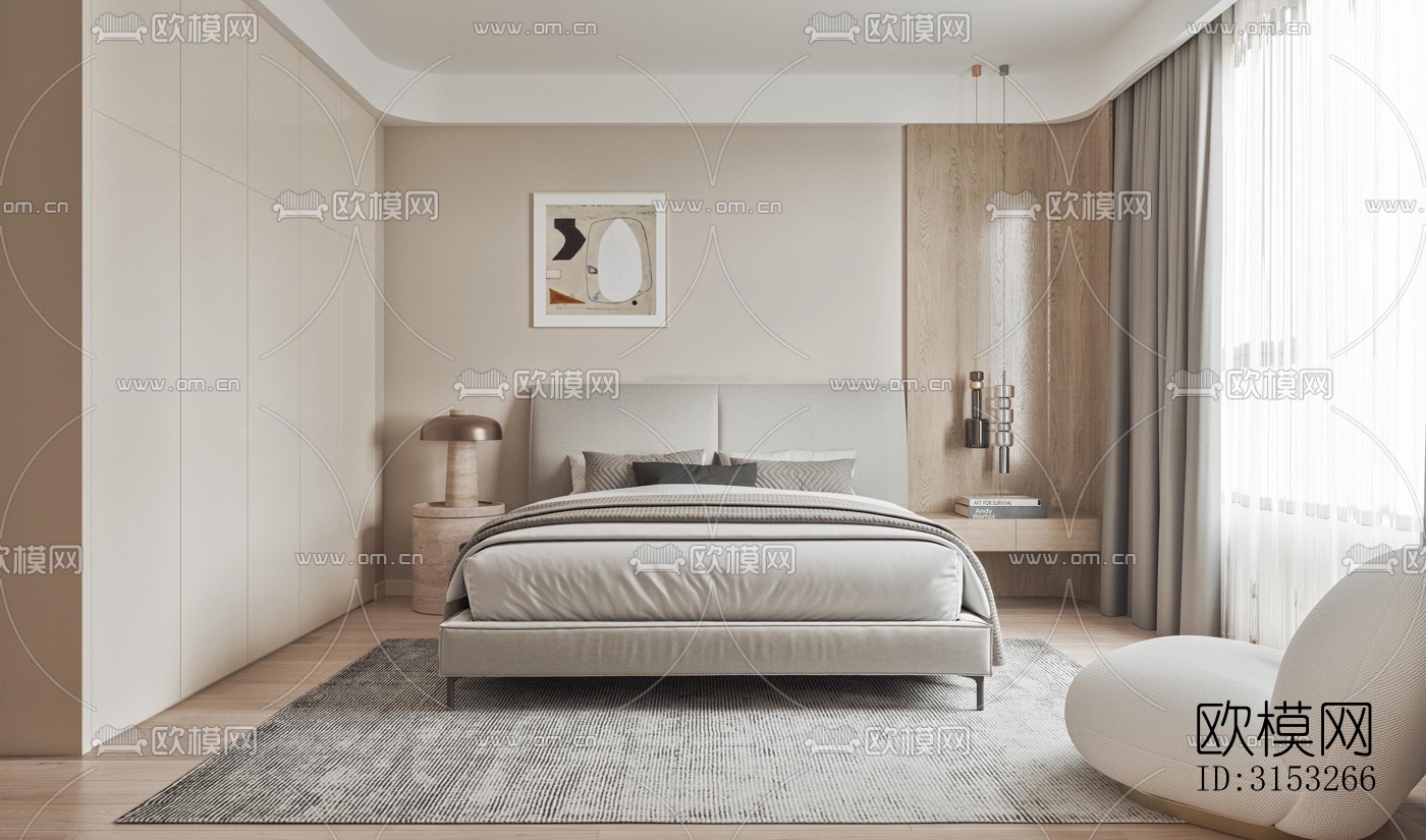 原木风卧室效果图下载（渲染图3）