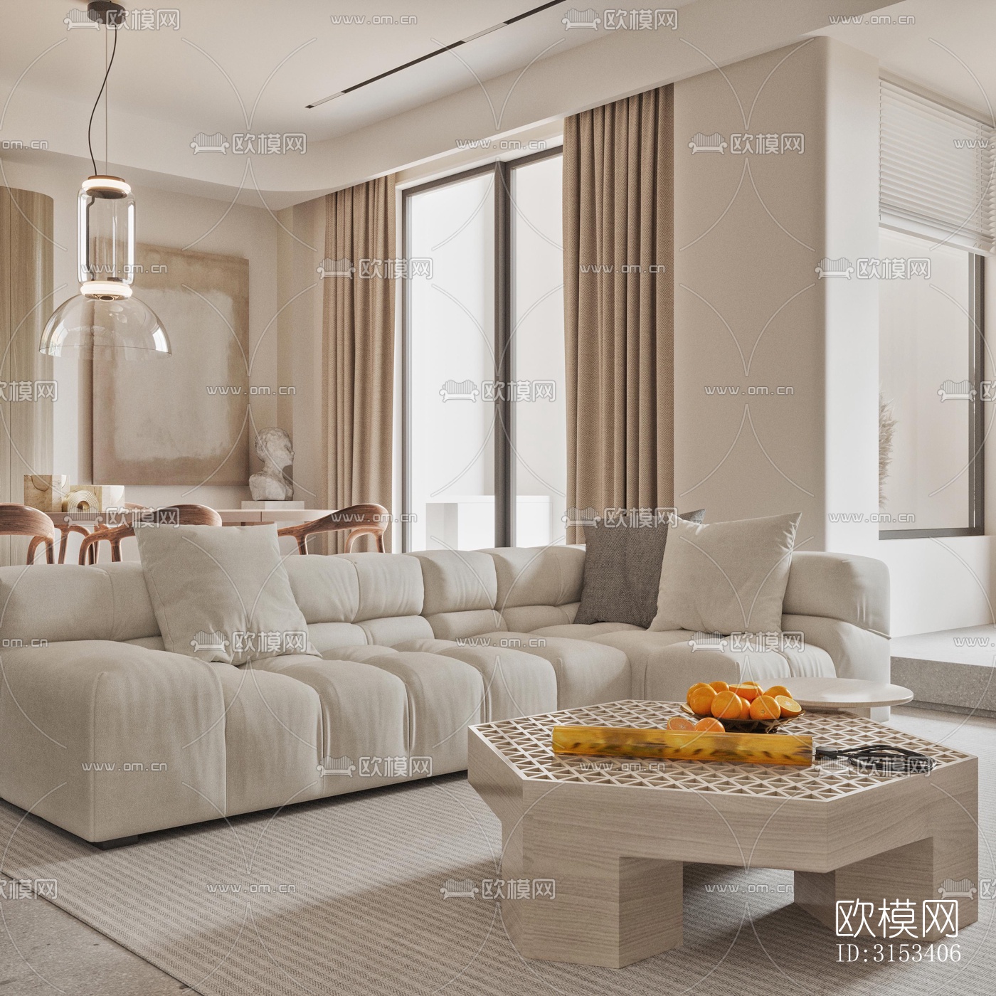 奶油风客餐厅效果图下载（渲染图3）