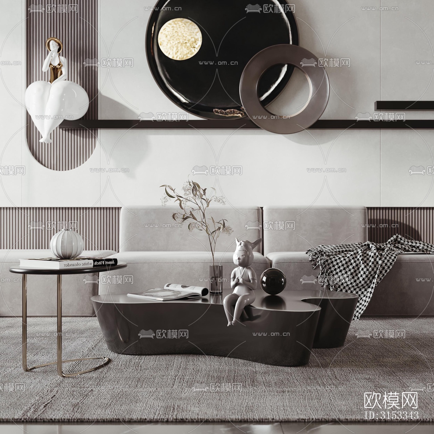 高级灰客厅效果图下载（渲染图1）