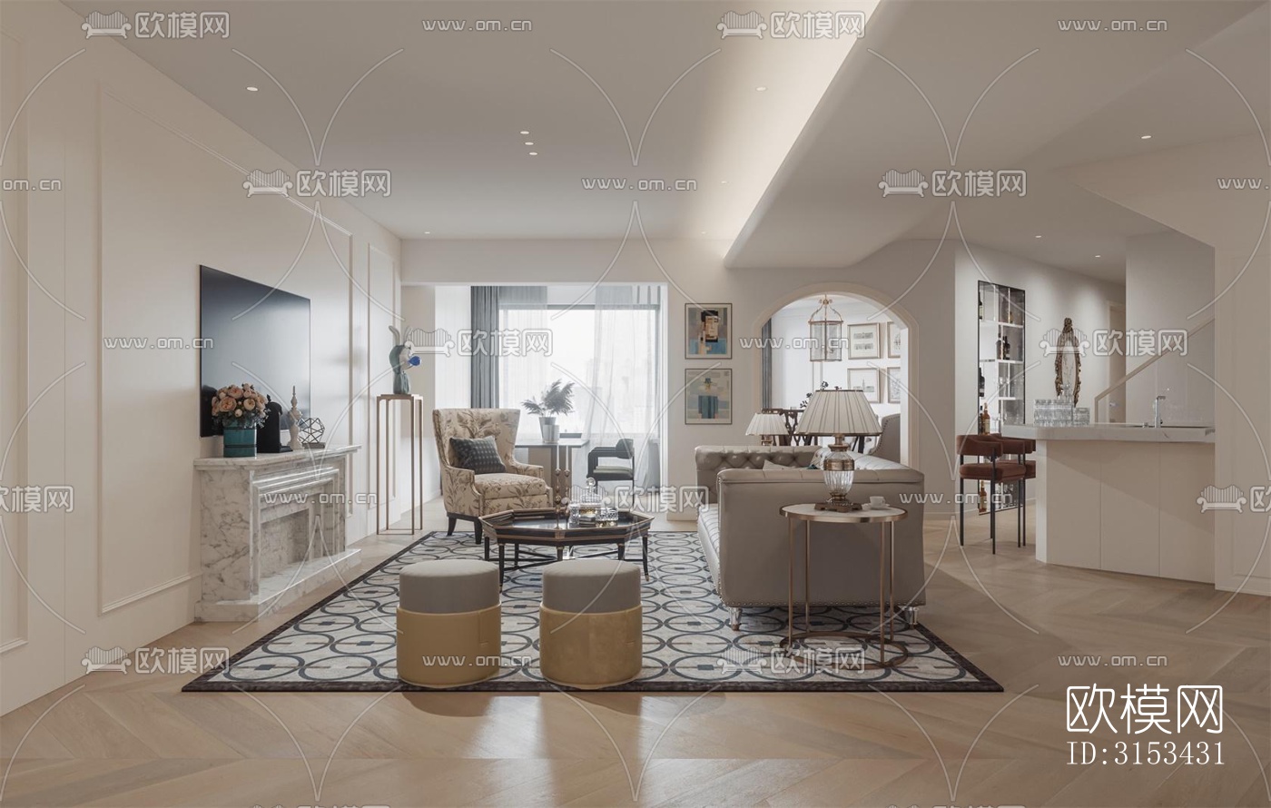 美式客餐厅效果图下载（渲染图1）