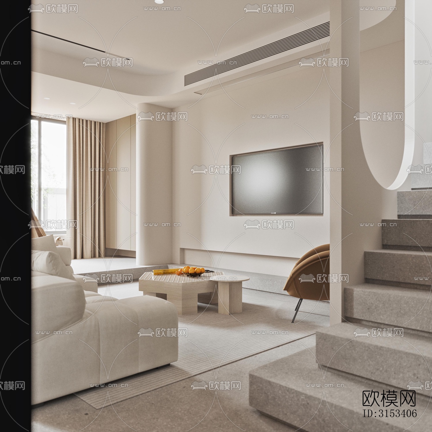 奶油风客餐厅效果图下载（渲染图5）