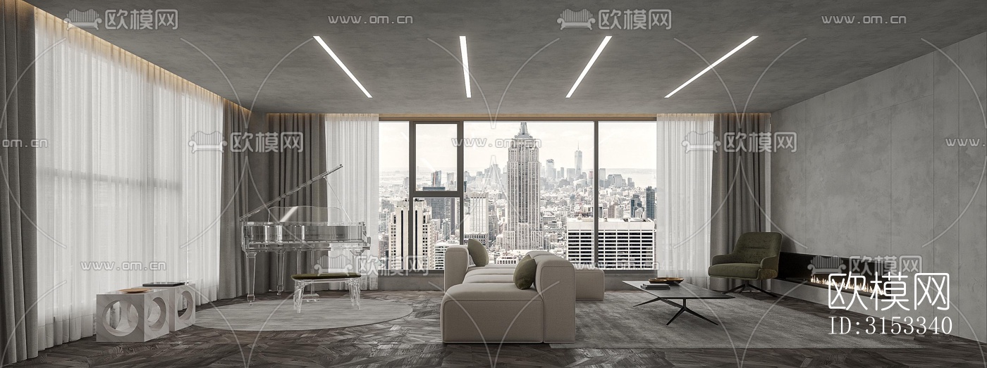 高级灰客厅效果图下载（渲染图3）