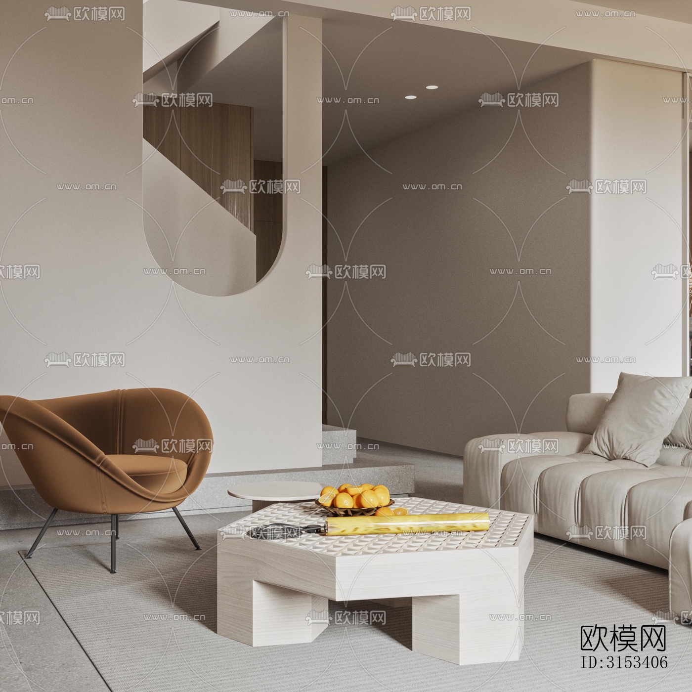 奶油风客餐厅效果图下载（渲染图7）