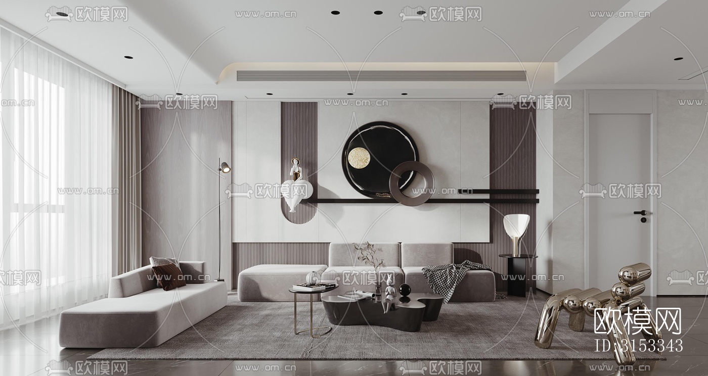 高级灰客厅效果图下载（渲染图4）