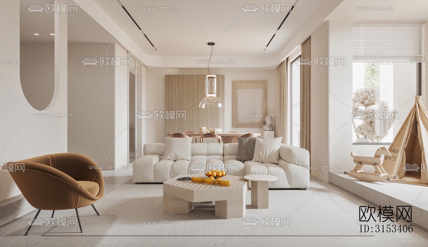 奶油风客餐厅效果图下载（渲染图4）