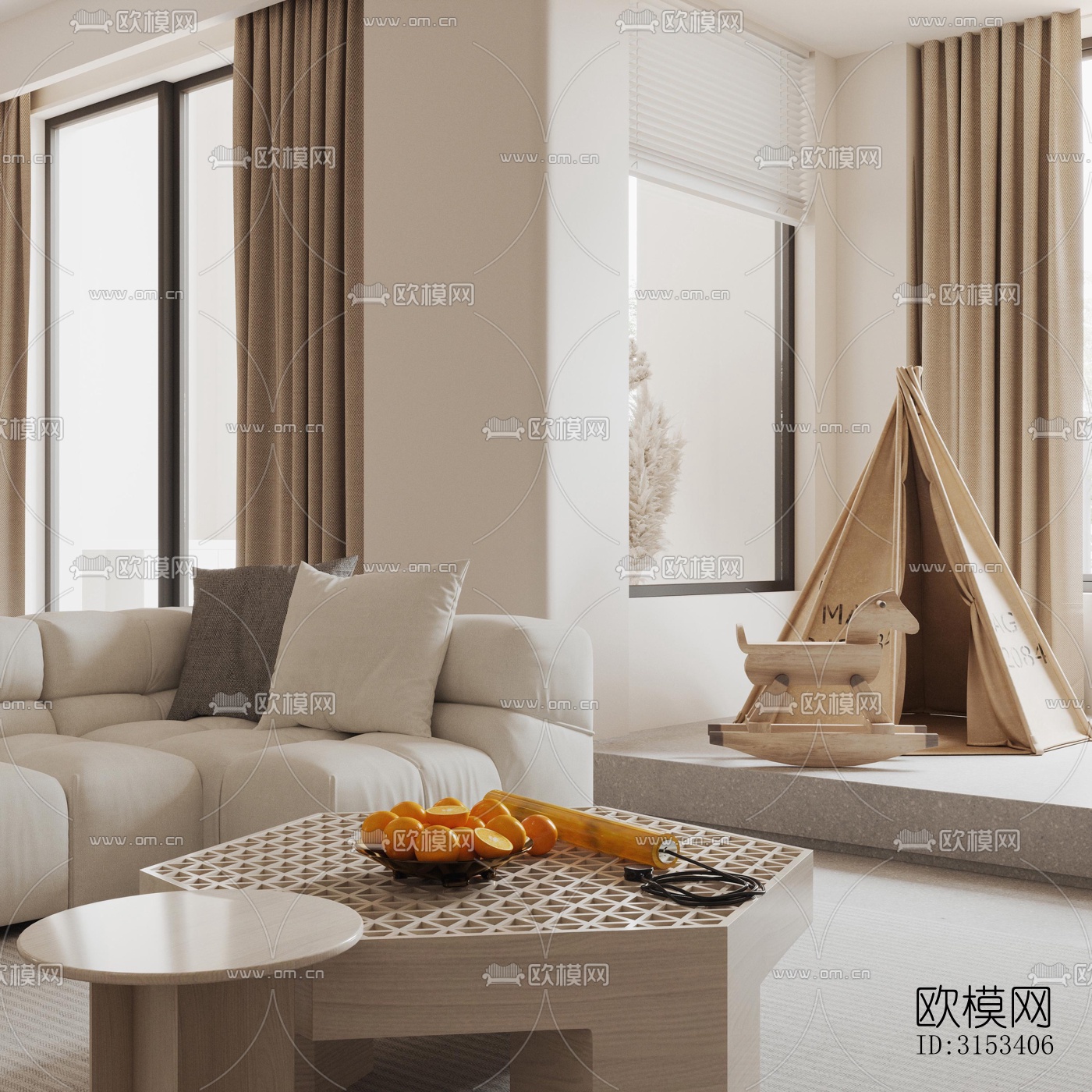 奶油风客餐厅效果图下载（渲染图2）