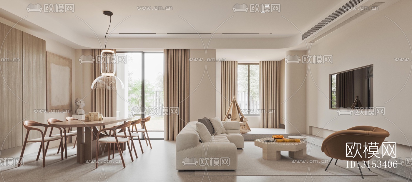 奶油风客餐厅效果图下载（渲染图1）