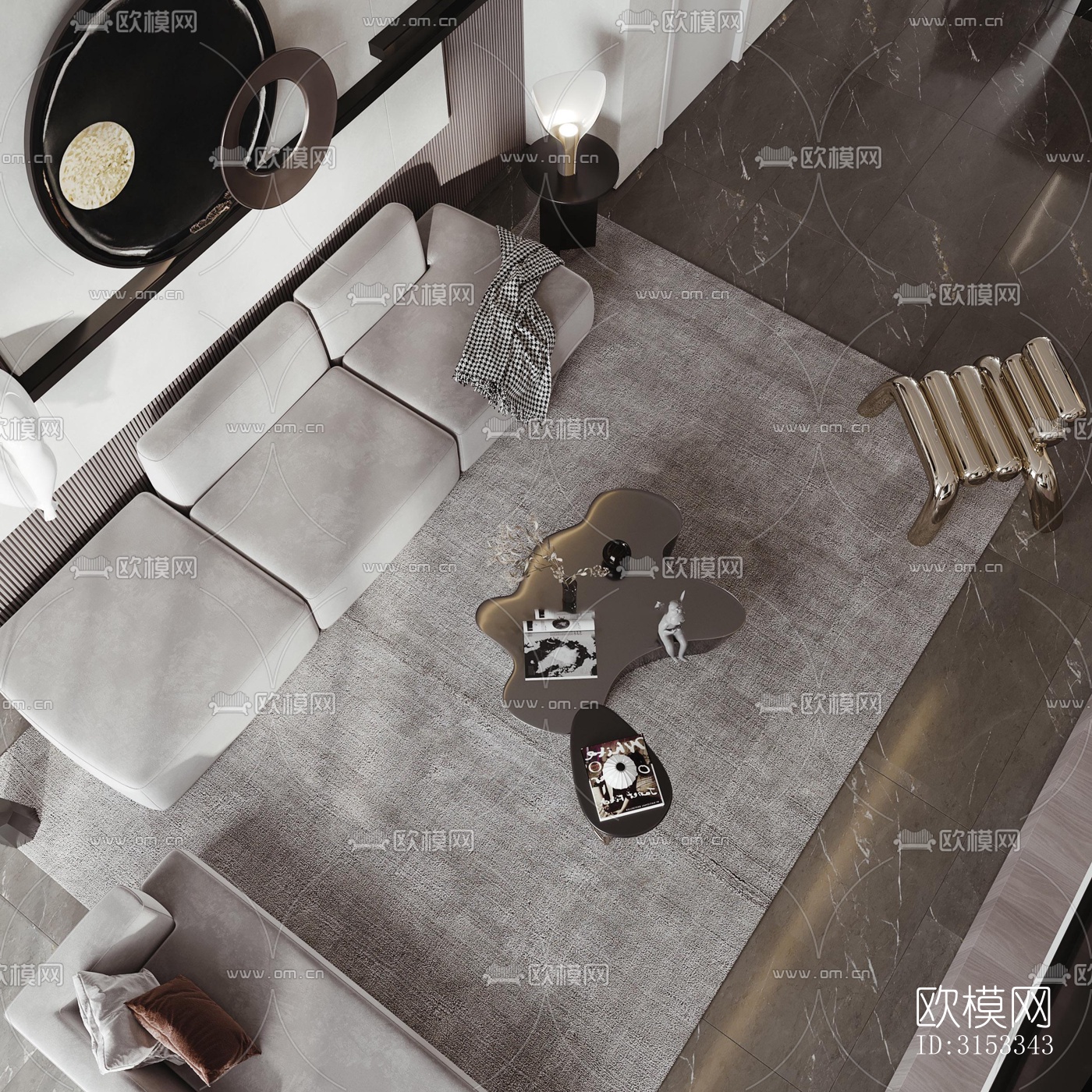 高级灰客厅效果图下载（渲染图5）