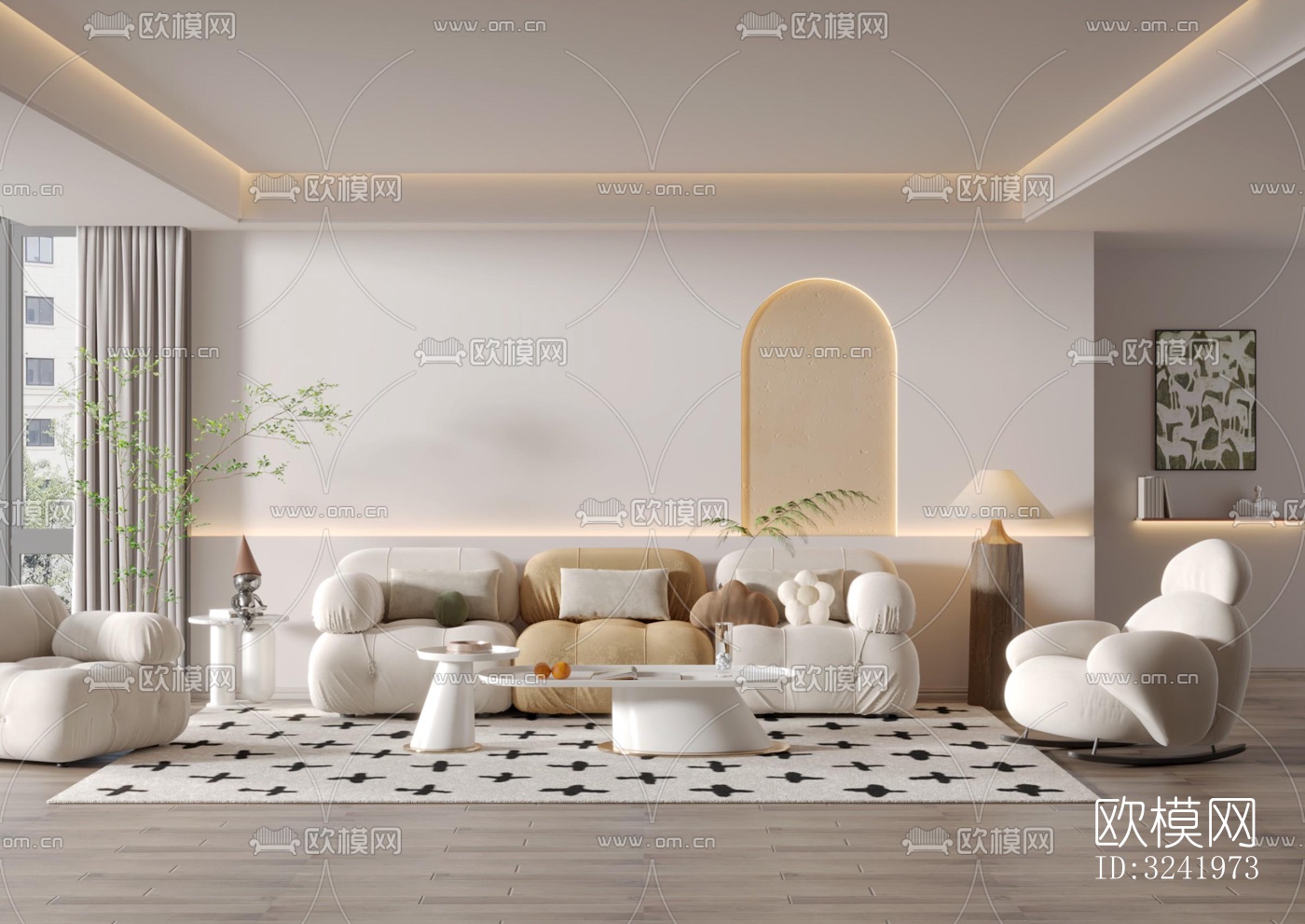 奶油风客厅效果图下载（渲染图3）