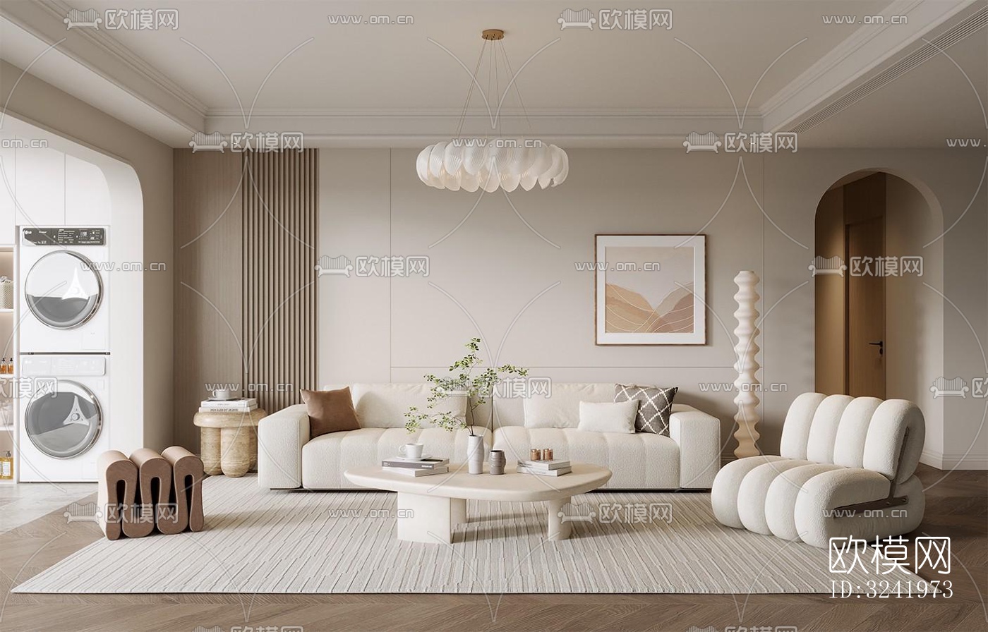 奶油风客厅效果图下载（渲染图5）