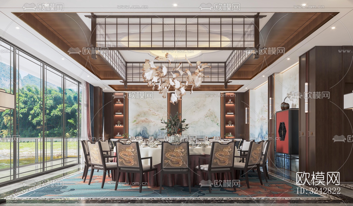 新中式中餐厅效果图下载（渲染图4）